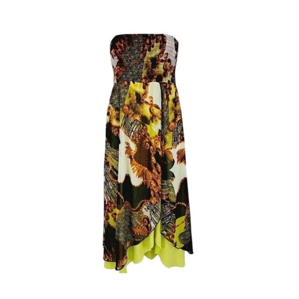Lapis Strapless Midi Dress Womens Large Yellow Baroque Smocked Handkerchief Hem